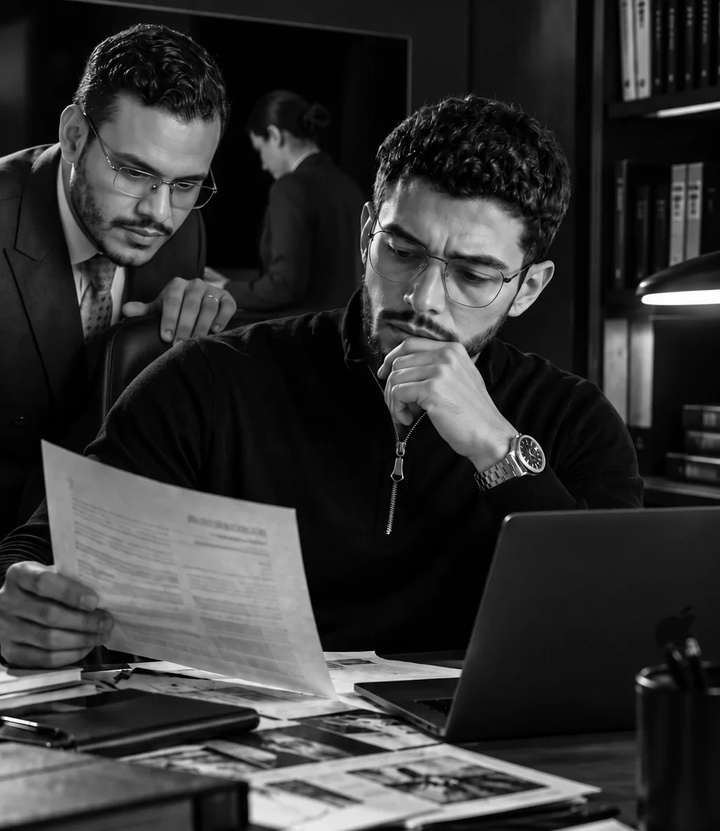 Dois investigadores analisando documentos em um escritório
